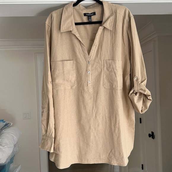 ELLEN TRACEY Beige Linen Blend Blouse / Top - Roll Sleeves, Placket Front - XXL - Picture 9 of 16